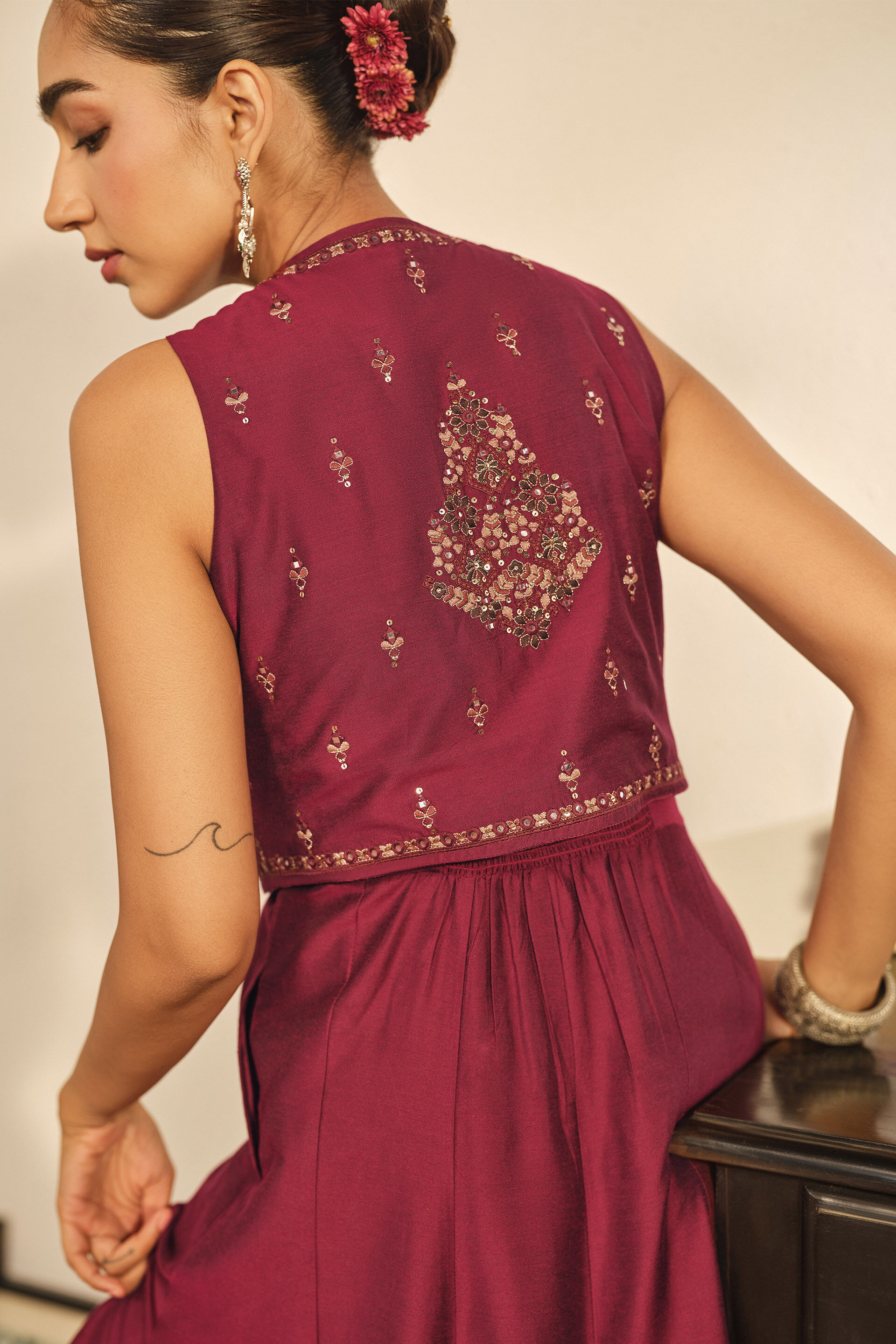 Embroidered Maxi Dress Set in Maroon, Maroon, image 4